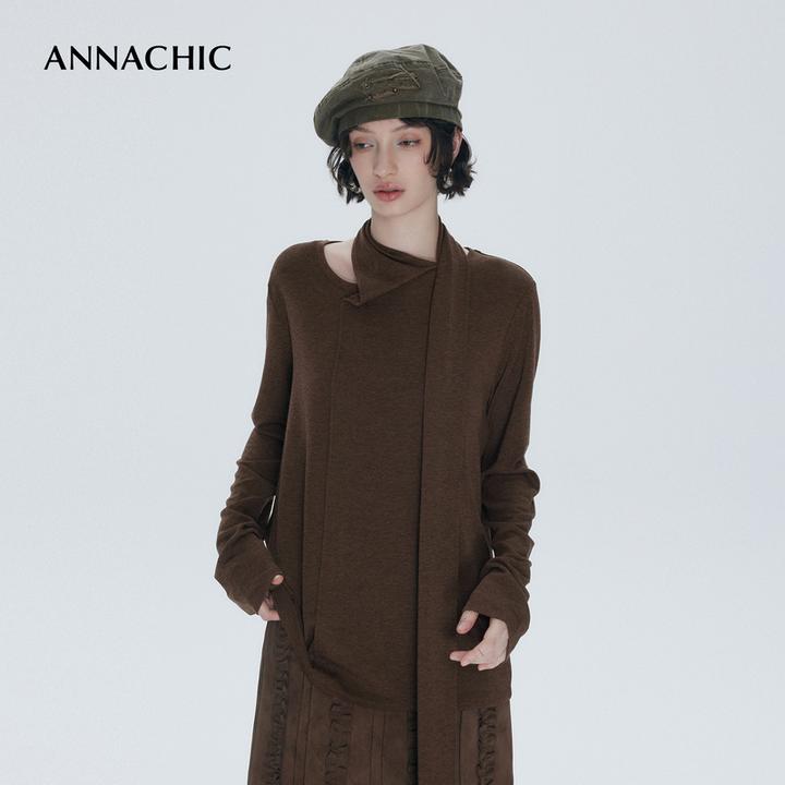 ANNACHIC时髦文艺_废土风_不对称围脖飘带t恤女/长款宽松显瘦上衣