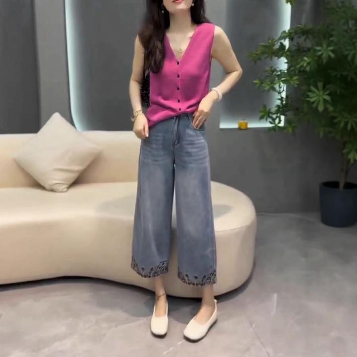 新款时尚爆款单排扣V领无袖马甲休闲直筒牛仔裤显瘦女装D25703