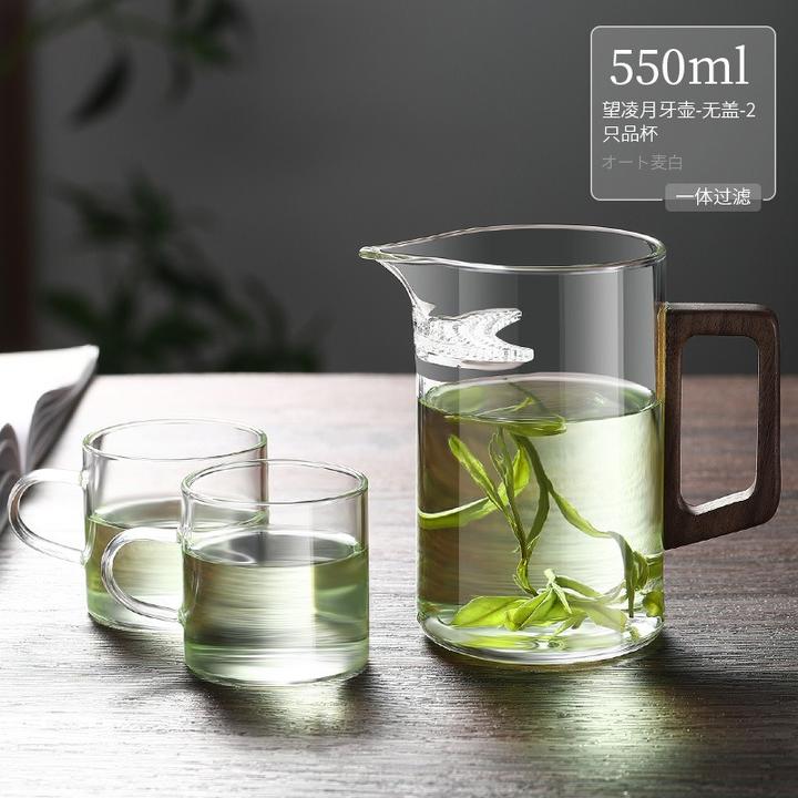 高硼硅玻璃月牙杯侧木把过滤一体公道杯加厚耐热泡茶器功夫绿茶杯
