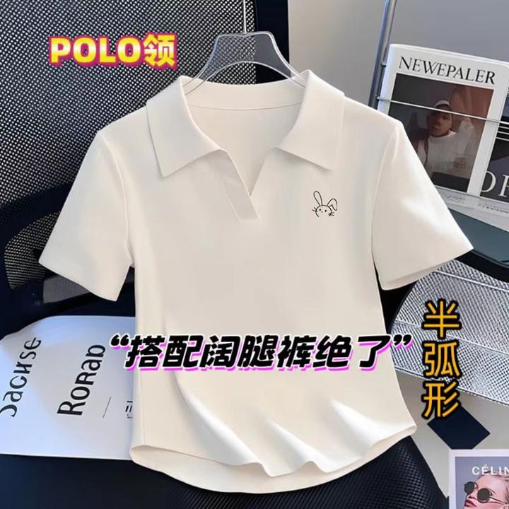 欧版短袖纯棉t恤女休闲弧形大码显瘦宽松小众印花翻领打底衫上衣