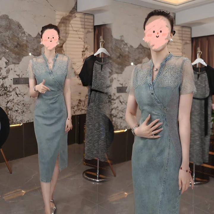 新中式复古蕾丝拼接牛仔连衣裙中长款气质收腰V领开叉裙子女夏季