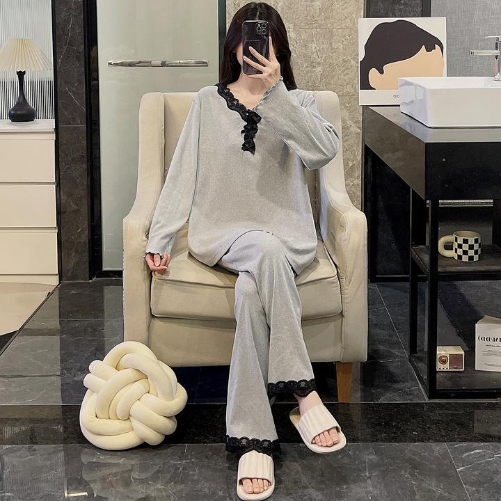 睡衣女春秋季长袖大码德绒2025新款加厚保暖灰色蕾丝边套装家居服