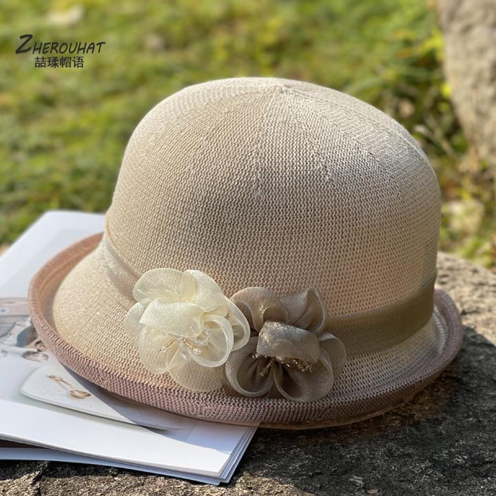 双色网纱花朵渔夫帽女夏天透气薄款遮阳旅游帽妈妈贵妇卷边礼帽子