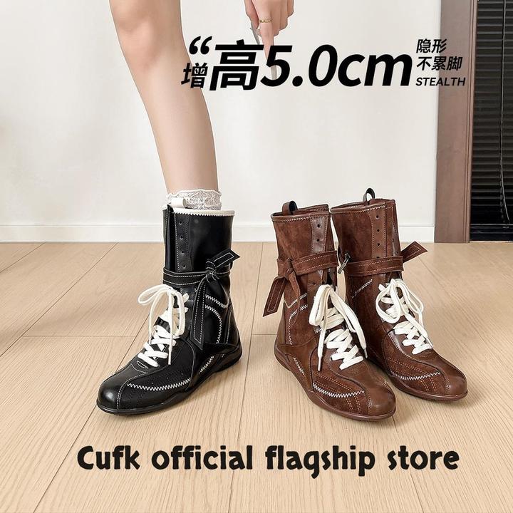 【CUFK官方】复古真皮马丁靴女西部靴拼色内增高系带短靴子工装靴