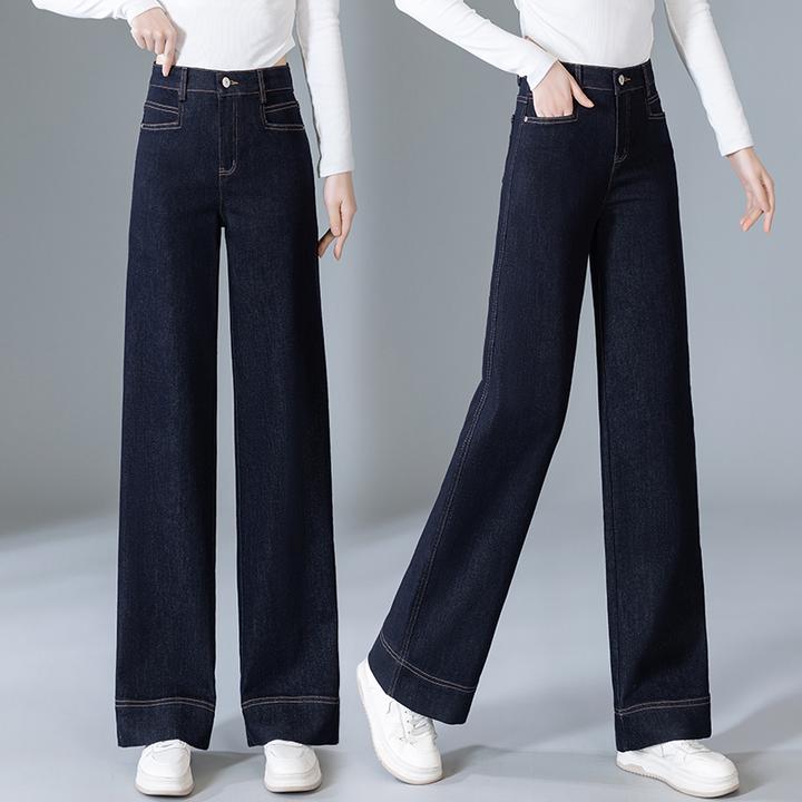 丹宁蓝阔腿牛仔裤女2025新款高腰复古宽松显瘦百搭垂感九分直筒裤