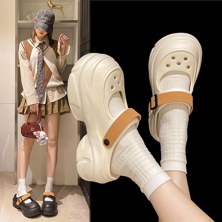 2025新款百搭玛丽珍女包头沙滩半拖鞋外穿防滑凉鞋厚底时尚洞洞鞋