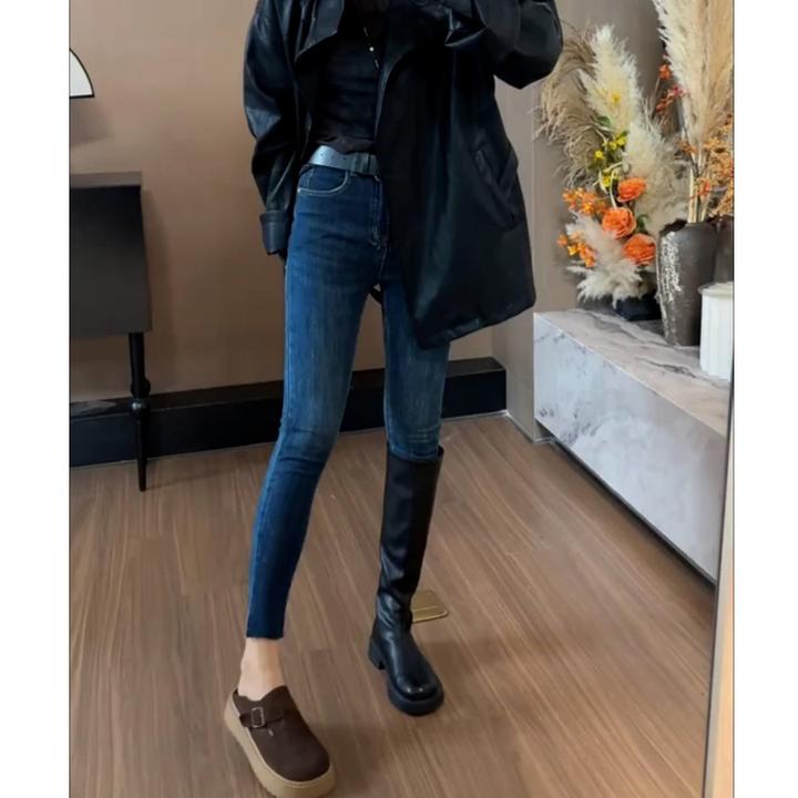 蓝色高腰牛仔裤女2025春秋加绒修身显瘦紧身弹力小个子九分小脚裤