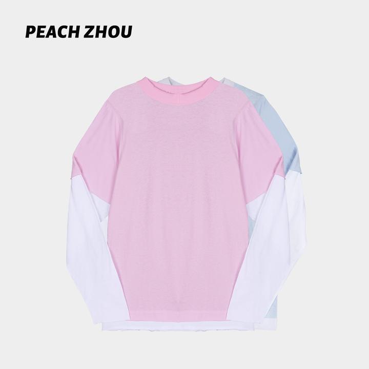 『PEACHZHOU』撞色拼接假两件螺纹领口宽松圆领长袖休闲百搭中性T恤