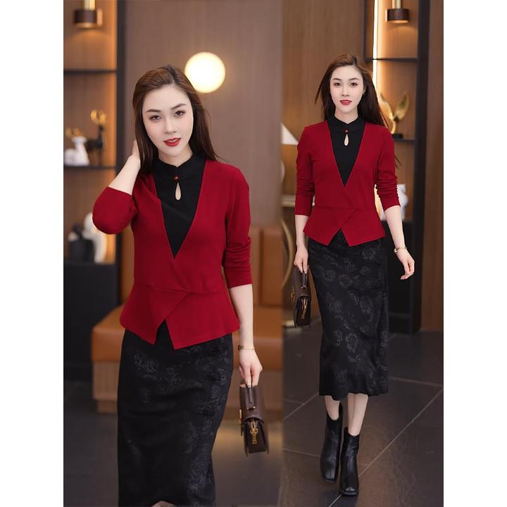 假两件拼接T恤明星同款2025秋季修身显瘦洋气上衣国风长袖打底衫