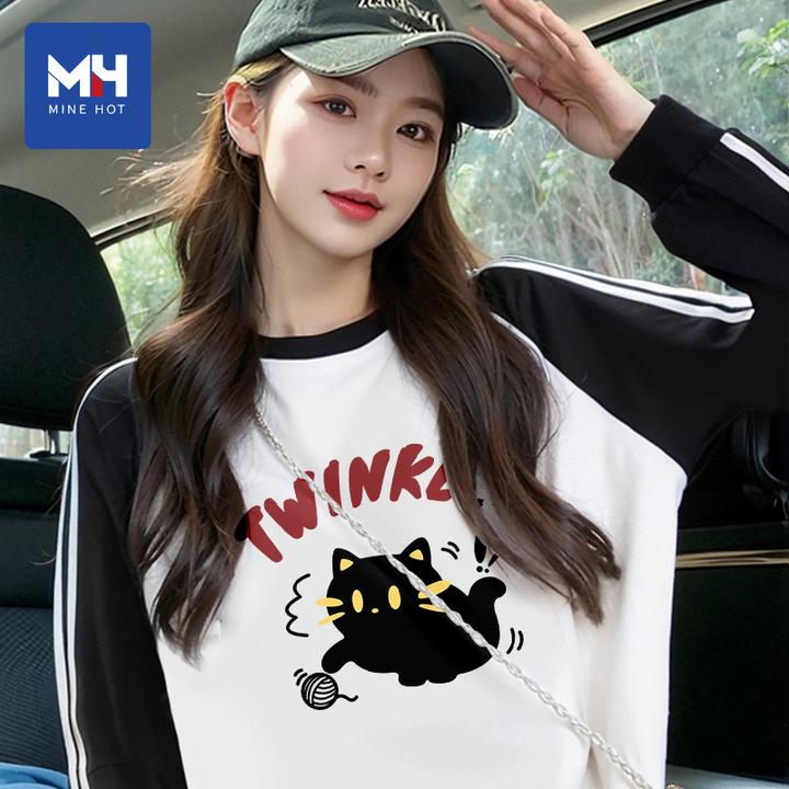 唐狮集团MH纯棉拼条t恤女2025新款春秋款开学季宽松上衣插肩长袖S