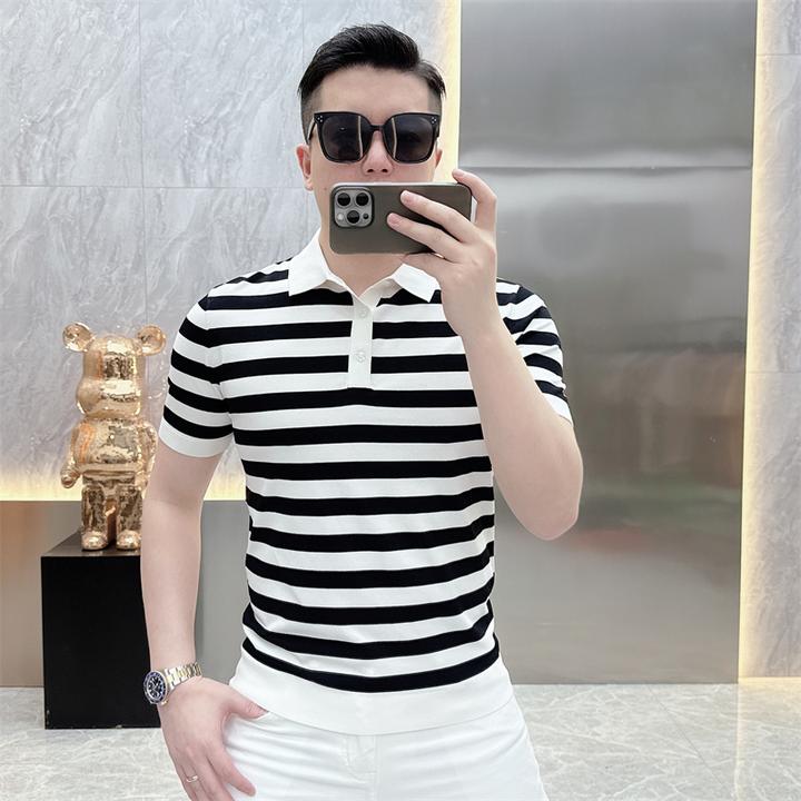 欧洲站男士夏季爆款轻奢高品质冰麻针织个性翻领polo短袖25210