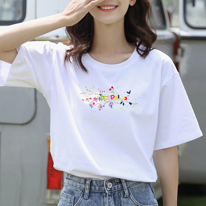 白色纯棉短袖t恤女2024年夏季新款ins潮设计感宽松印花上衣E6