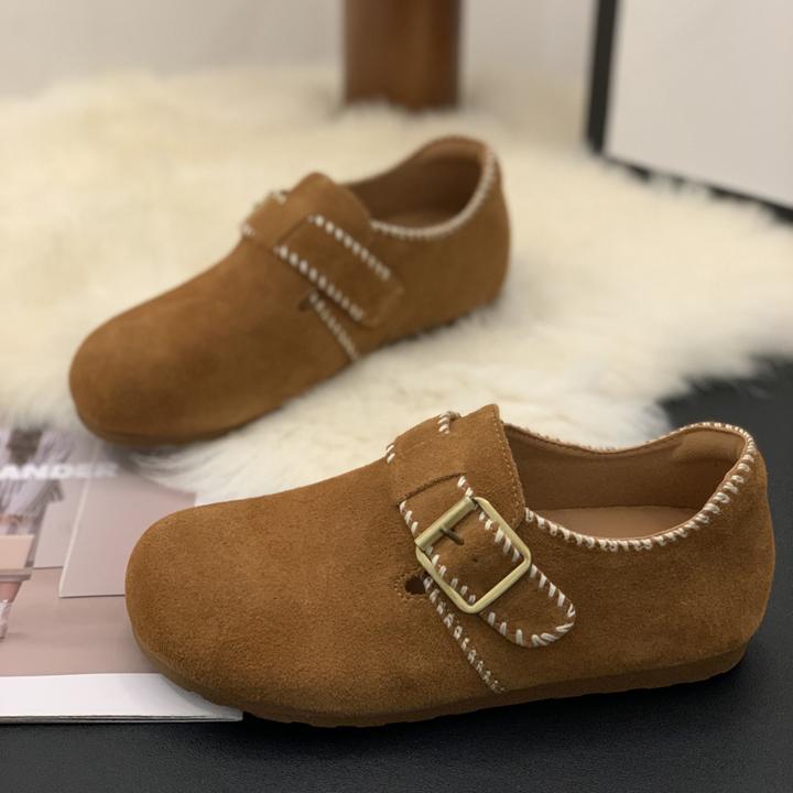 复古磨砂绒面平底勃肯鞋女2025秋季洋气舒适魔术贴懒人一脚蹬单鞋