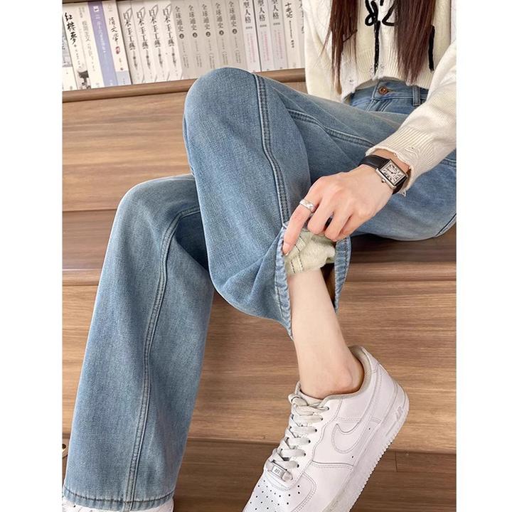 窄版直筒牛仔裤女秋冬加绒裤子2025新款高腰显瘦小个子阔腿拖地裤