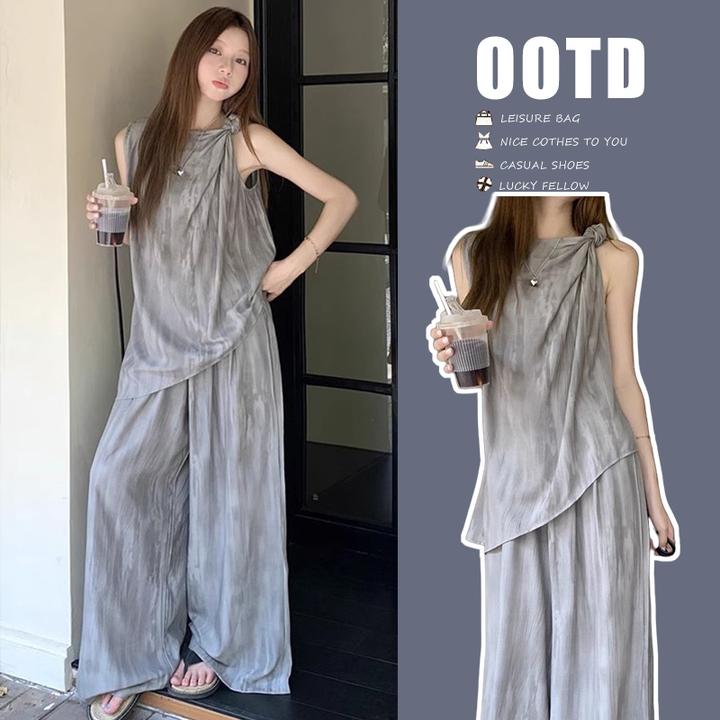 孕妇套装夏2025新款复古宽松不规则无袖背心上衣阔腿休闲裤两件套