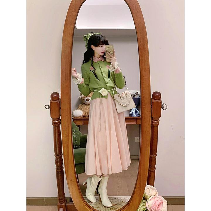 秋装搭配一整套巨好看甜美气质多巴胺小香风针织开衫半身裙两件套