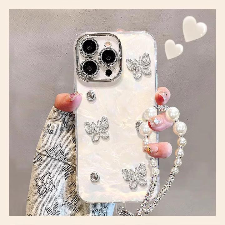 水晶珍珠蝴蝶适用苹果16promax手机壳新款iPhone15pro闪粉镜头膜p