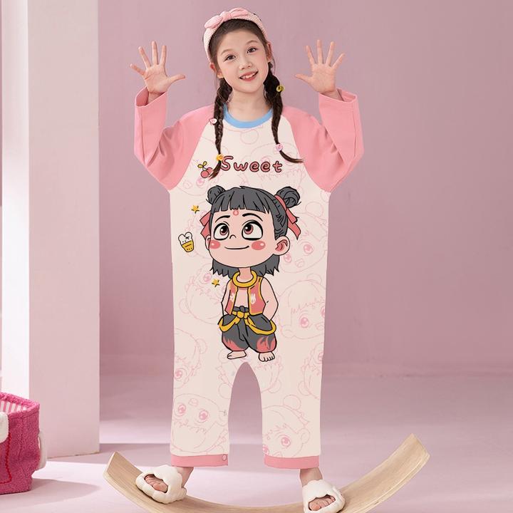 儿童睡衣女童公主粉连体衣春秋款纯棉中大童女孩家居服秋季连身衣