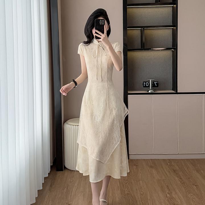 S598小夕2025新中式假两件改良旗袍女春夏立领蕾丝拼接镂空连衣裙