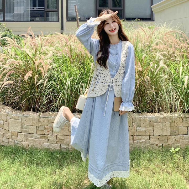 文艺清甜系带开衫套装女2025秋季新款温柔风可爱花边连衣裙两件套
