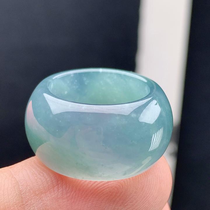 戒指内径17.9纯天然a货翡翠老坑冰种蓝绿色素面轮胎宽扳指环尾戒