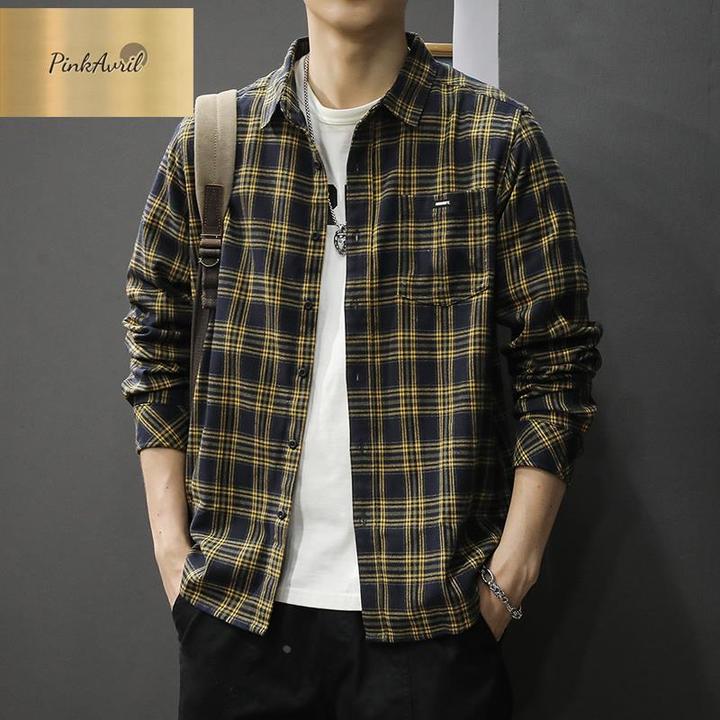 PinkAvril美式休闲格子长袖衬衫男宽松百搭潮流文艺青年设计感衬