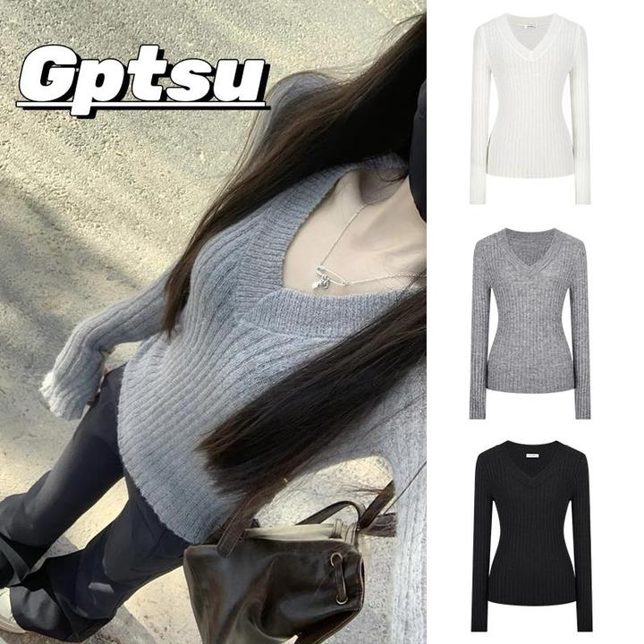 GPTSu灰色V领针织打底衫女秋冬新款纯色百搭修身内搭毛衣长袖上衣