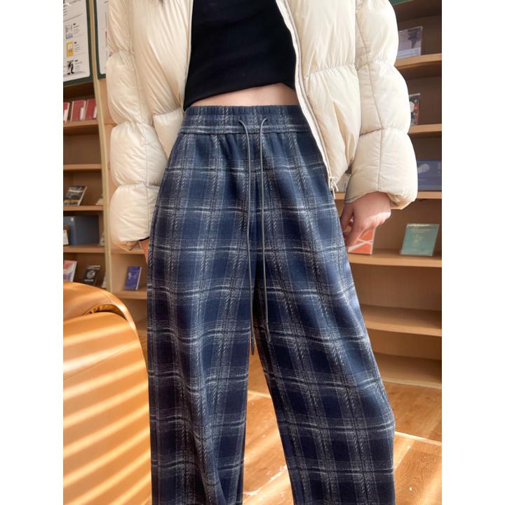 加绒加厚毛呢格子裤女秋冬2025新款复古慵懒休闲直筒阔腿裤子
