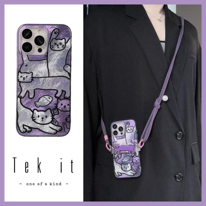 创意ins猫咪背夹斜挎绳适用苹果16promax手机壳iPhone15pro防摔14