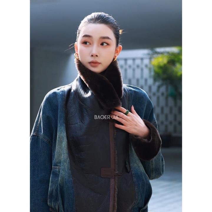 19-【复古牛仔】宝儿家含幂BH37425411擦色澳毛皮毛一体白鹅绒外套