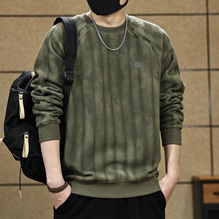 秋季新款长袖卫衣男复古潮牌宽松高级质感条纹设计圆领休闲上衣服