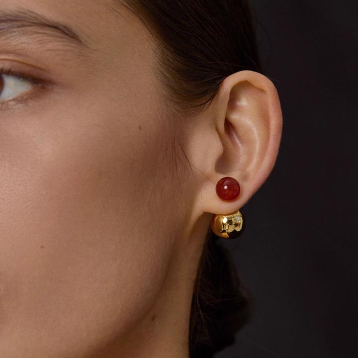 黄铜耳饰 董洁同款安哥拉红球形耳钉轻奢高级设计感时尚前后两戴