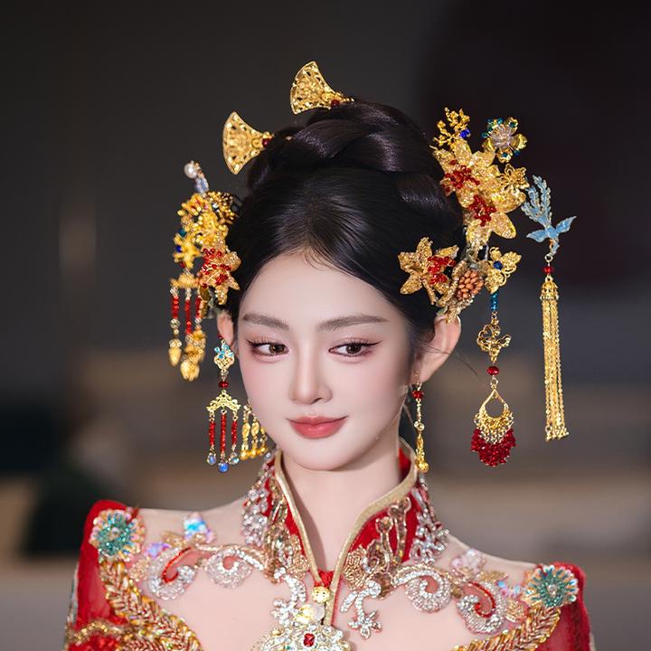合金婚庆饰品 新娘新中式手工金色花朵龙凤褂秀禾服流苏发饰D0639