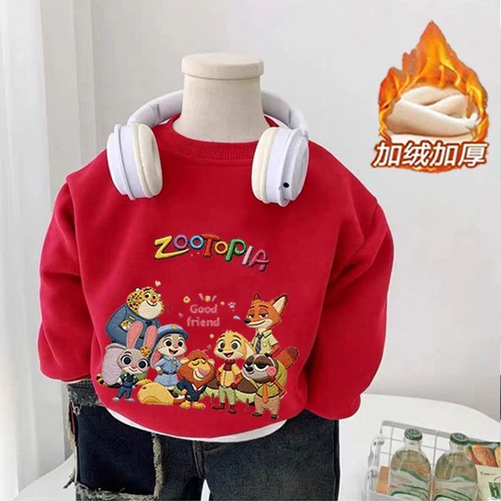 新款男童卡通疯狂红色加厚动物儿童圆领加绒卫衣男女宽松秋冬上衣