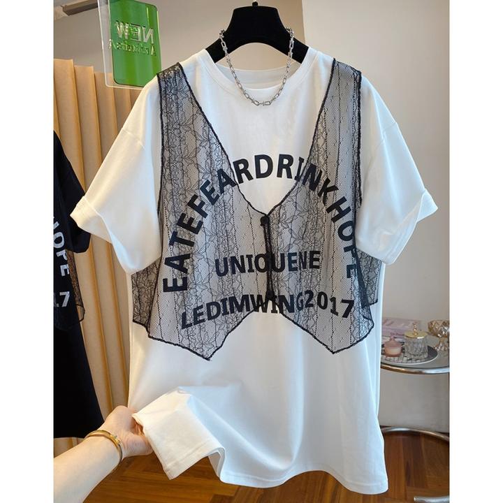 黑色蕾丝马甲拼接t恤女短袖2025新款宽松欧货洋气大版假两件上衣