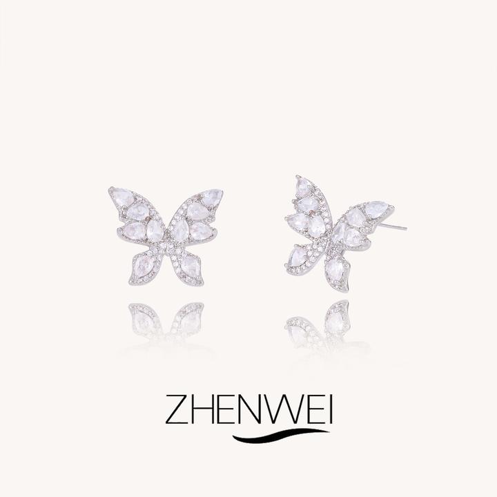 铜合金锆石耳饰 ZHENWEI/甄薇  蝴蝶满锆耳钉女甜美无耳洞耳夹