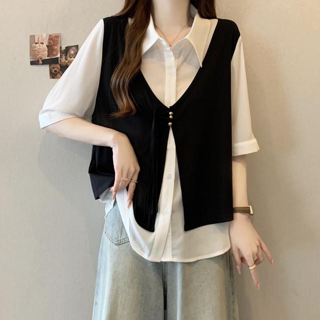 大码女装遮肚子假两件小香风马甲衬衫女夏季胖mm显瘦正肩短袖上衣