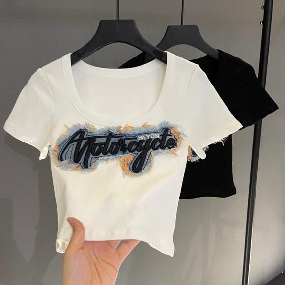 棉美式牛仔拼接短袖T恤女夏季新款设计感小众U领修身打底衫上衣