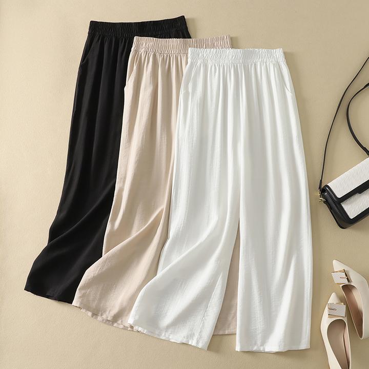 中年妈妈夏季舒适透气麻料九分阔腿裤中老年女装夏装薄款直筒裤子