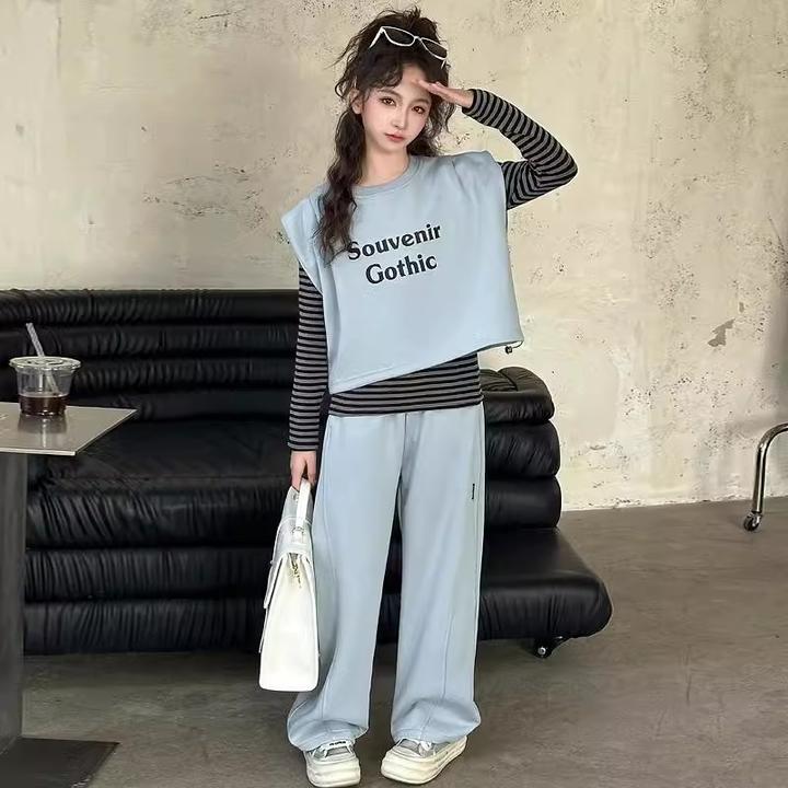 女童春装套装2025新款洋气时髦宽松儿童条纹马甲三件套春季中大童