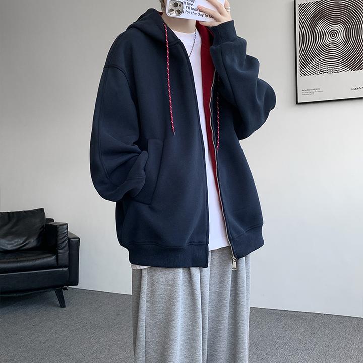 仓石一树秋季连帽卫衣男宽松休闲纯色拉链开衫外套痞帅慵懒风男装