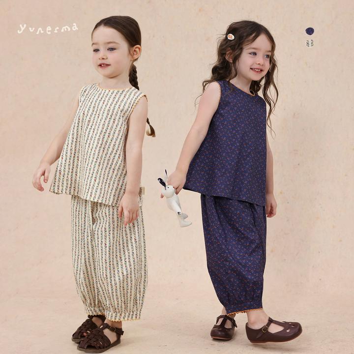 允儿妈女童2025夏季法式碎花背心花边灯笼裤套装宝宝纯棉上衣裤子