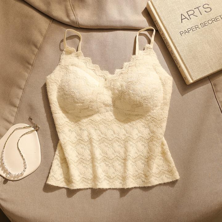 纯欲风蕾丝磨毛V领吊带背心女保暖内搭带胸垫贴身打底美背小上衣