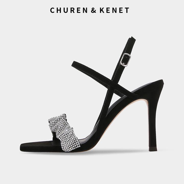 CHUREN&KENET小CK女士半宝石腕带饰高跟凉鞋一字带水钻细跟方头