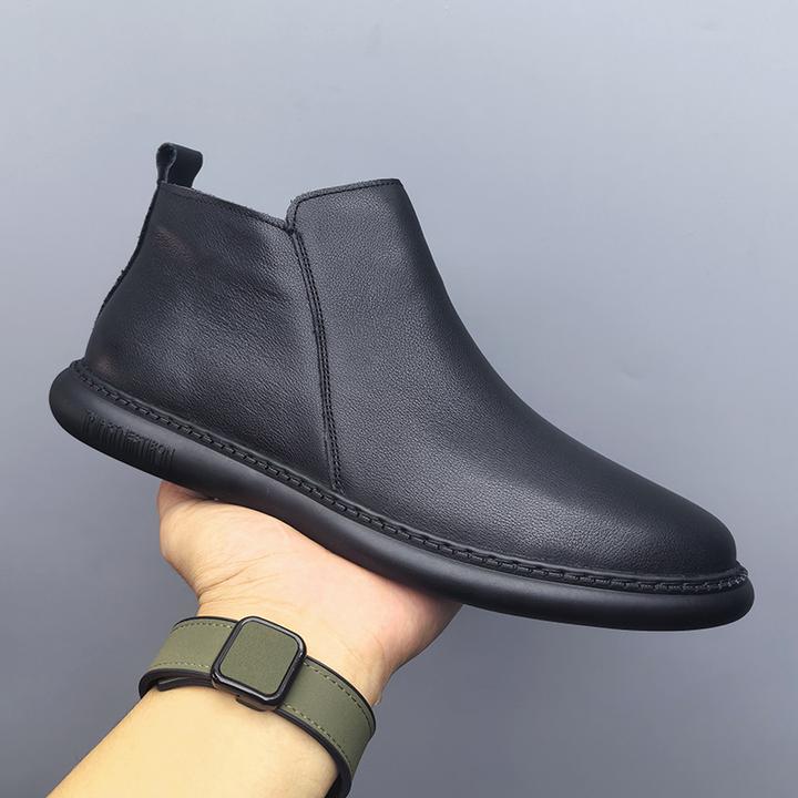 头层软牛皮切尔西靴男士短靴秋冬软底软面中帮皮靴子加绒保暖棉鞋