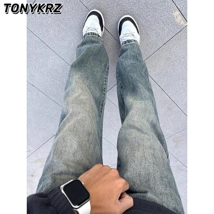 TONYKRZ水洗深蓝色牛仔裤男美式高街vibe裤子垂感宽松直筒弯刀裤