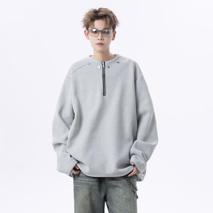 V37灰色半拉链卫衣男春季新款宽松休闲内搭青少年设计感运动外套