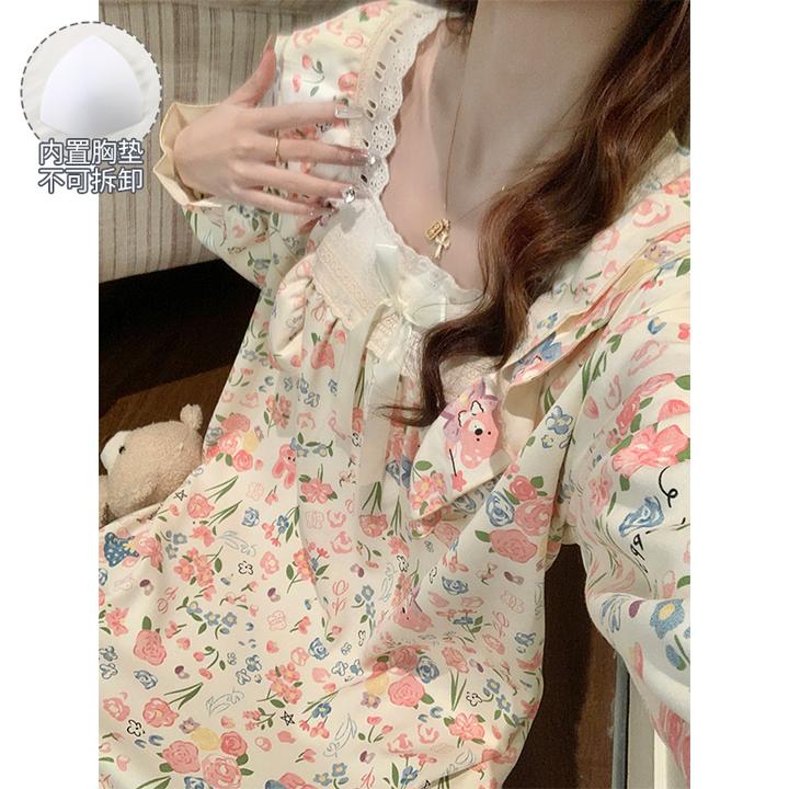 带胸垫睡衣女款爆款2025新款春秋长袖睡裙碎花甜美风家居服可外穿