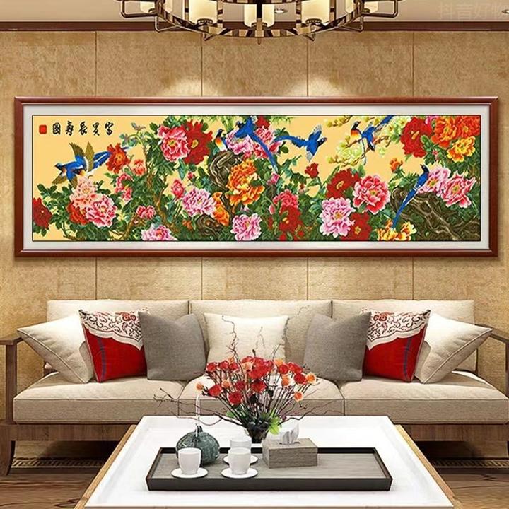 新疆西藏包邮纯手工绣十字绣成品客厅装饰好花开富贵长寿图富贵风