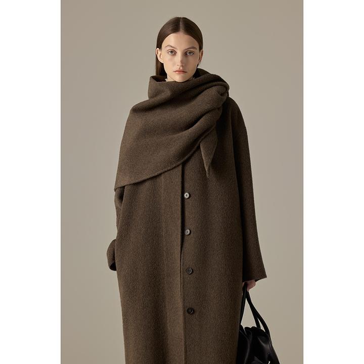 DUCURNO咖色围巾领毛呢外套女冬季2025新款休闲气质宽松中长大衣